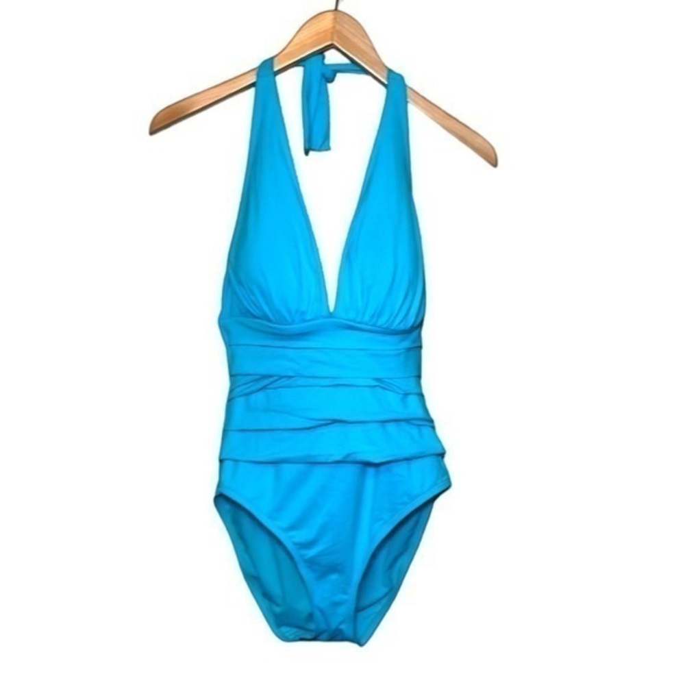 One piece women’s bathing suit, swim suit, color is blue, size medium
